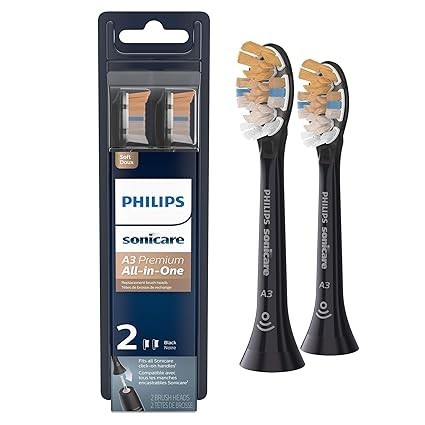 สําหรับ Philips Sonicare ของแท้ A3 Premium All-in-One เปลี่ยนหัวแปรงสีฟัน, 2 หัวแปรง, สีดําและสีขาว