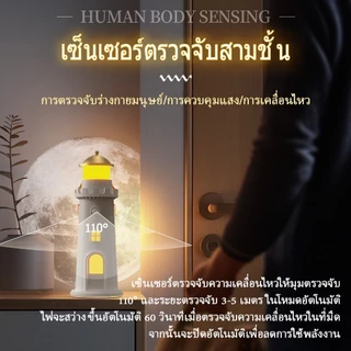 ☀️ ไฟเซ็นเซอร์รูปทรงประภาคาร | โคมไฟฉายภาพดวงจันทร์—โคมไฟข้างเตียงโทนสีอบอุ่น | โคมไฟตั้งโต๊ะของขวัญ