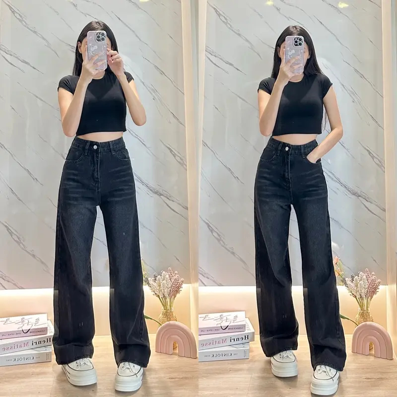 กางเกงยีนส์ผู้หญิงแบบขาตรงขากว้าง สไตล์ Y2K เอวสูง สวมใส่สบาย เหมาะสำหรับหลายโอกาส