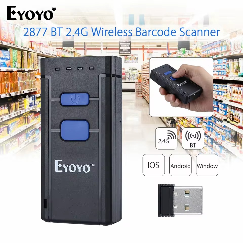 EYOYO EY-2877L 1D เลเซอร์ Barcode Scanner 3in1 USB แบบมีสาย & 2.4GHz Wireless & Bluetooth Barcode Sc