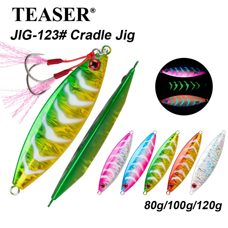TEASER【J123】80g 100g 120g Shout Cradle ช้าตกโลหะ Jigging Lure 3D ตาปลา UV ตกปลาทะเลยาวเหยื่อตกปลาแบน