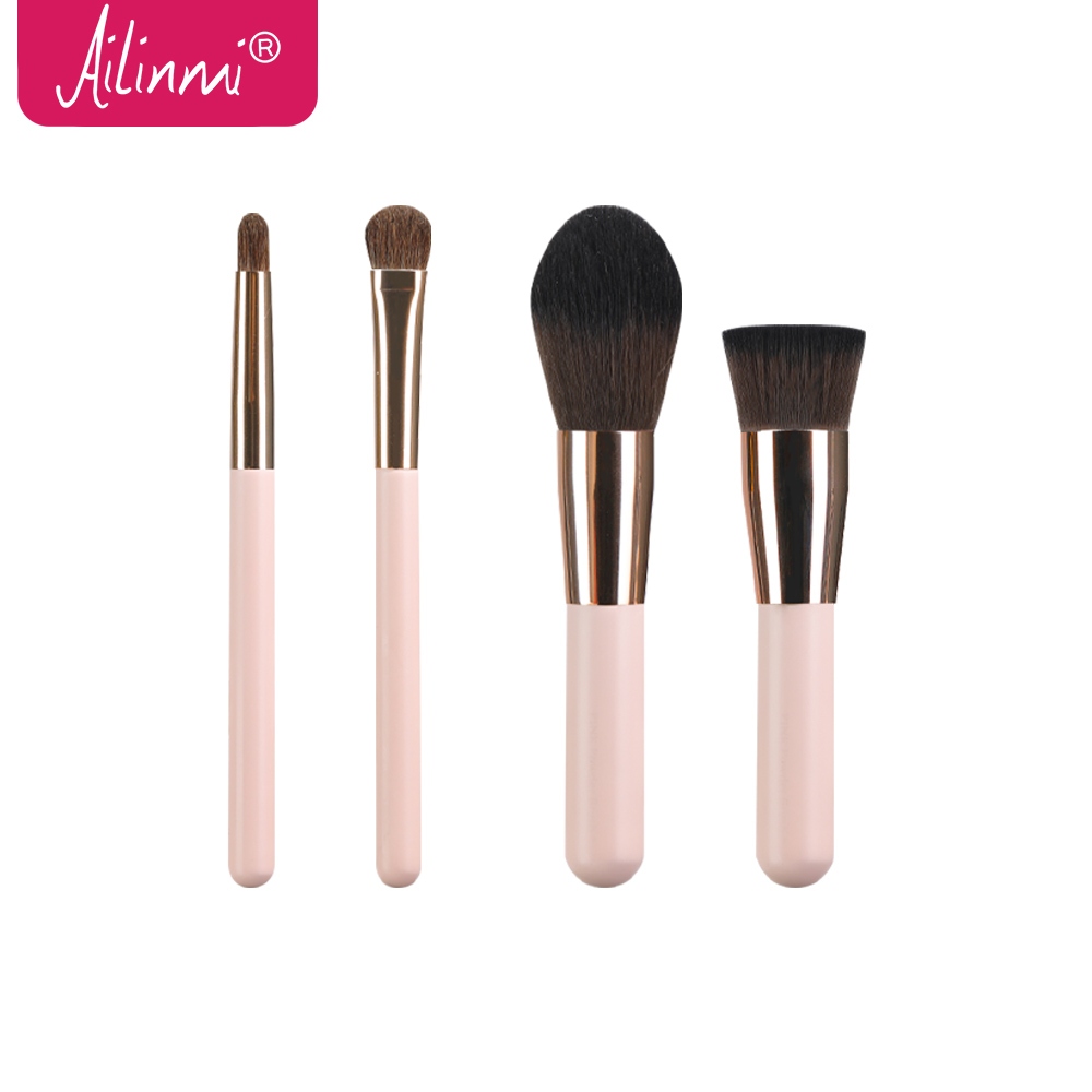 Ailinmi แปรงแต่งหน้าสีชมพู ด้ามไม้ 4 ชิ้น ชุดแปรงแต่งหน้าขนาดเล็กขนสัตว์