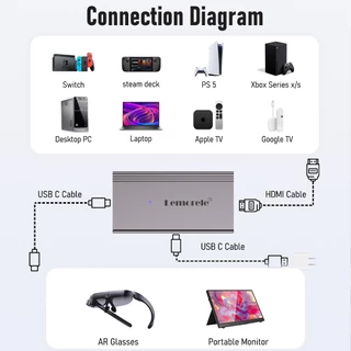 Lemorele LD48 AR อะแดปเตอร์ 4k60Hz USB C Display Port Adapter รองรับคอมพิวเตอร์พร้อมคอนโซลเกม HDMI กล่องทีวีต่างๆ และจอพกพา RayNeo AR แว่นตา