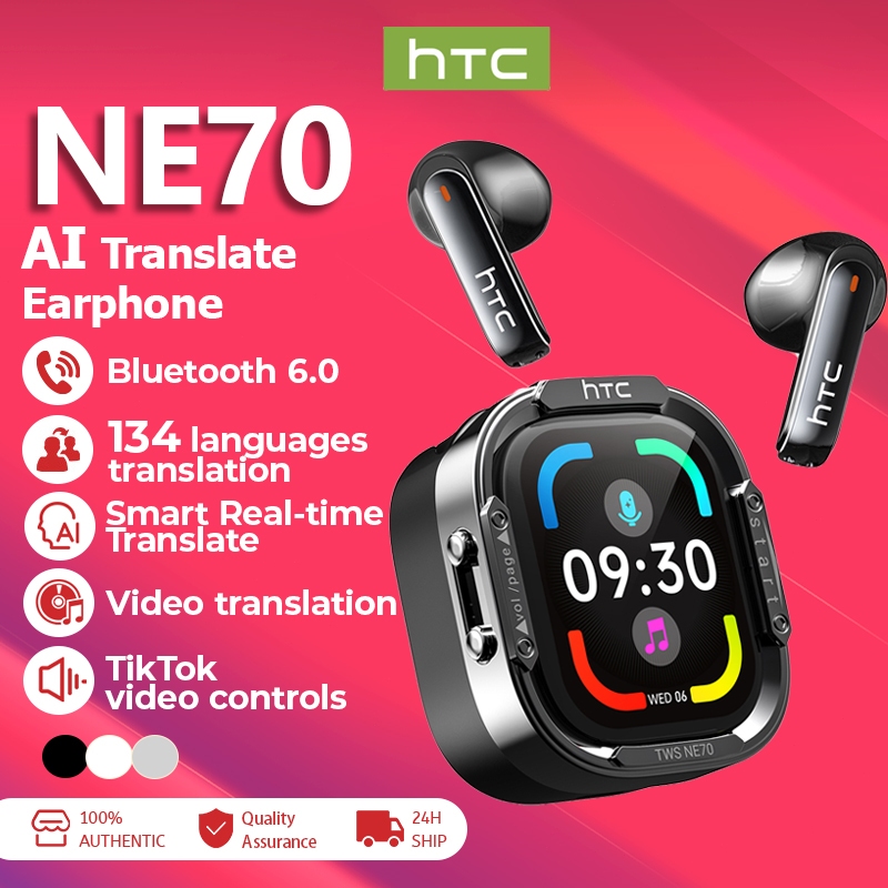 HTC NE70 AI Translator เอียร์บัดบลูทูธ 6.0 หูฟังการแปลวิดีโอ 134 ภาษาแปลหน้าจอ LCD อัจฉริยะ TWS คุณภาพเสียงหูฟังบลูทูธไร้สายพร้อมไมโครโฟน HD Call S