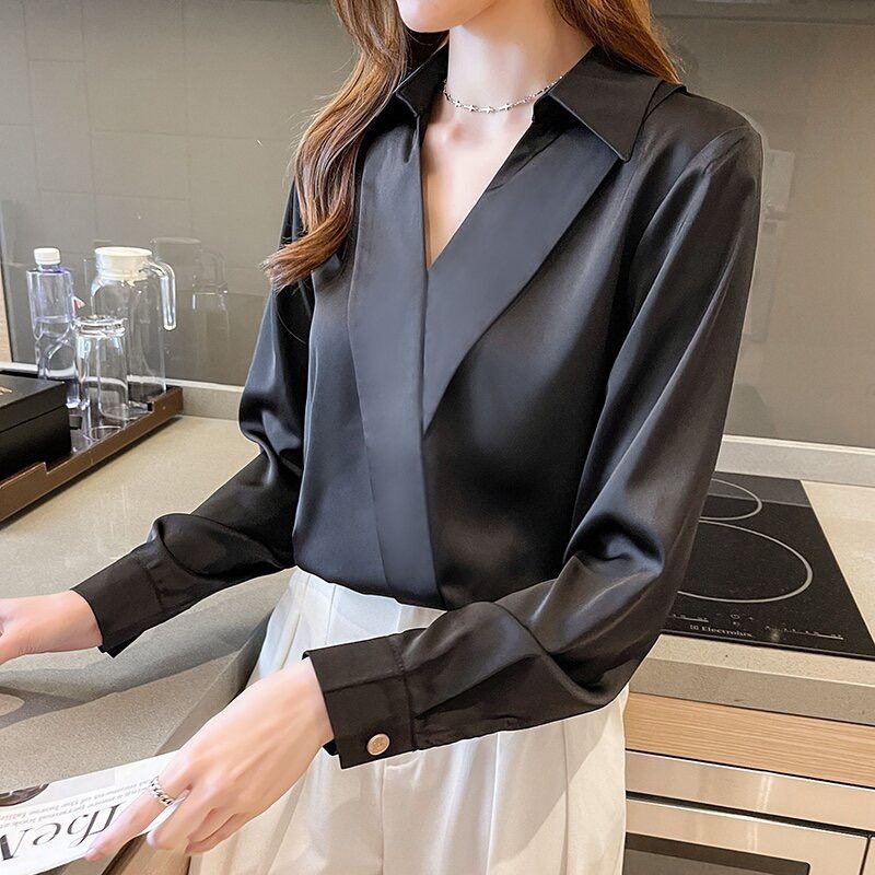 เสื้อเชิ้ตผ้าซาตินแขนยาว ทรงหลวม คอวี สไตล์ผู้หญิง เหมาะสำหรับทำงาน