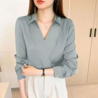 เสื้อเชิ้ตผ้าซาตินแขนยาวสีพื้นสำหรับผู้หญิง ผ่อนปรน วินเทจ คอวี เสื้อทำงาน