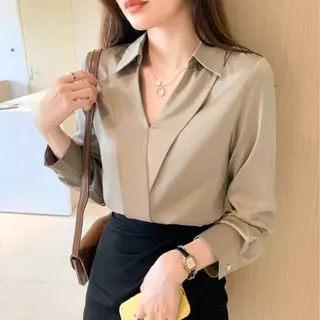 เสื้อเชิ้ตผ้าซาตินแขนยาว ทรงหลวม คอวี สไตล์ผู้หญิง เหมาะสำหรับทำงาน(ชุดดำงานศพ พร้อมส่ง)