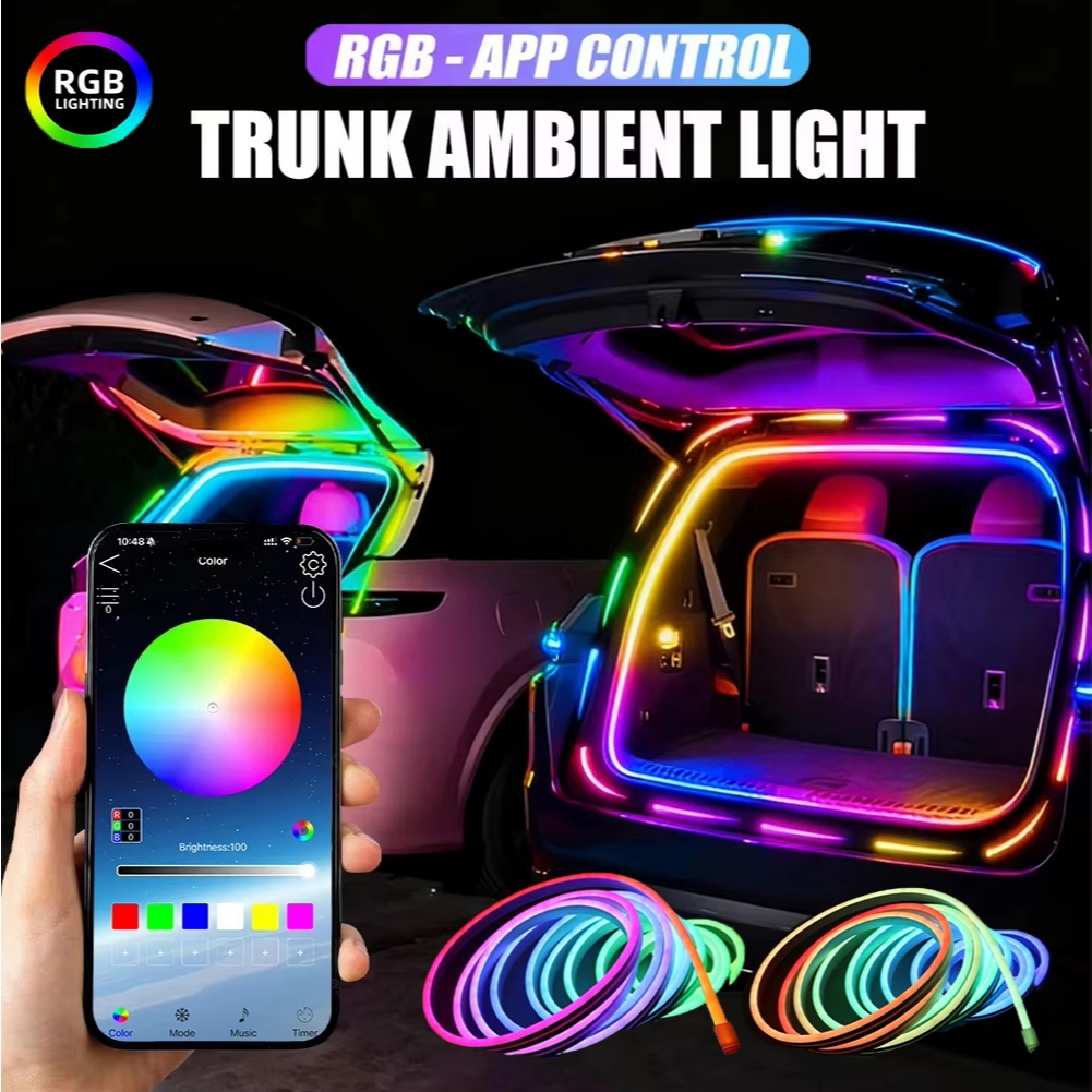 4M แบบไดนามิกไหลรถ Trunk RGB Light Strip App-Control ยืดหยุ่นหลายสีนีออนบรรยากาศแสง 12V Ambient โคมไฟสําหรับ SUV