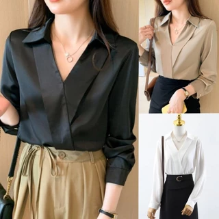 เสื้อเชิ้ตผ้าซาตินแขนยาวสีพื้นสำหรับผู้หญิง ผ่อนปรน วินเทจ คอวี เสื้อทำงาน