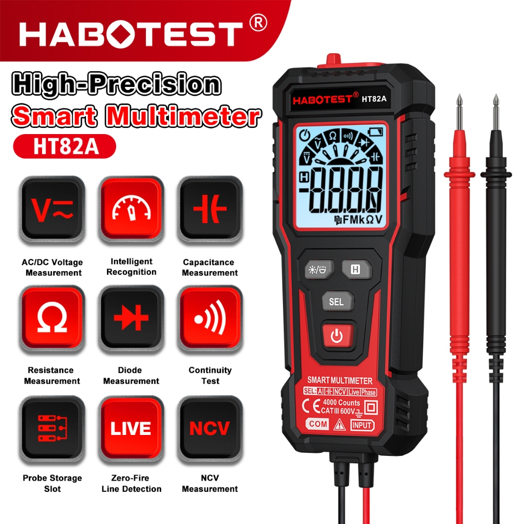 HABOTEST HT82A  ( HT93 อัพเกรด ) มัลติมิเตอร์แบบดิจิตอลอัจฉริยะ 600V การตรวจจับแรงดันไฟฟ้า AC/DC 4000 นับใหม่เพิ่มฟังก์ชั่นความจุ/Diode พร้อมหน้าจอขนาดใหญ่ความละเอียดสูง
