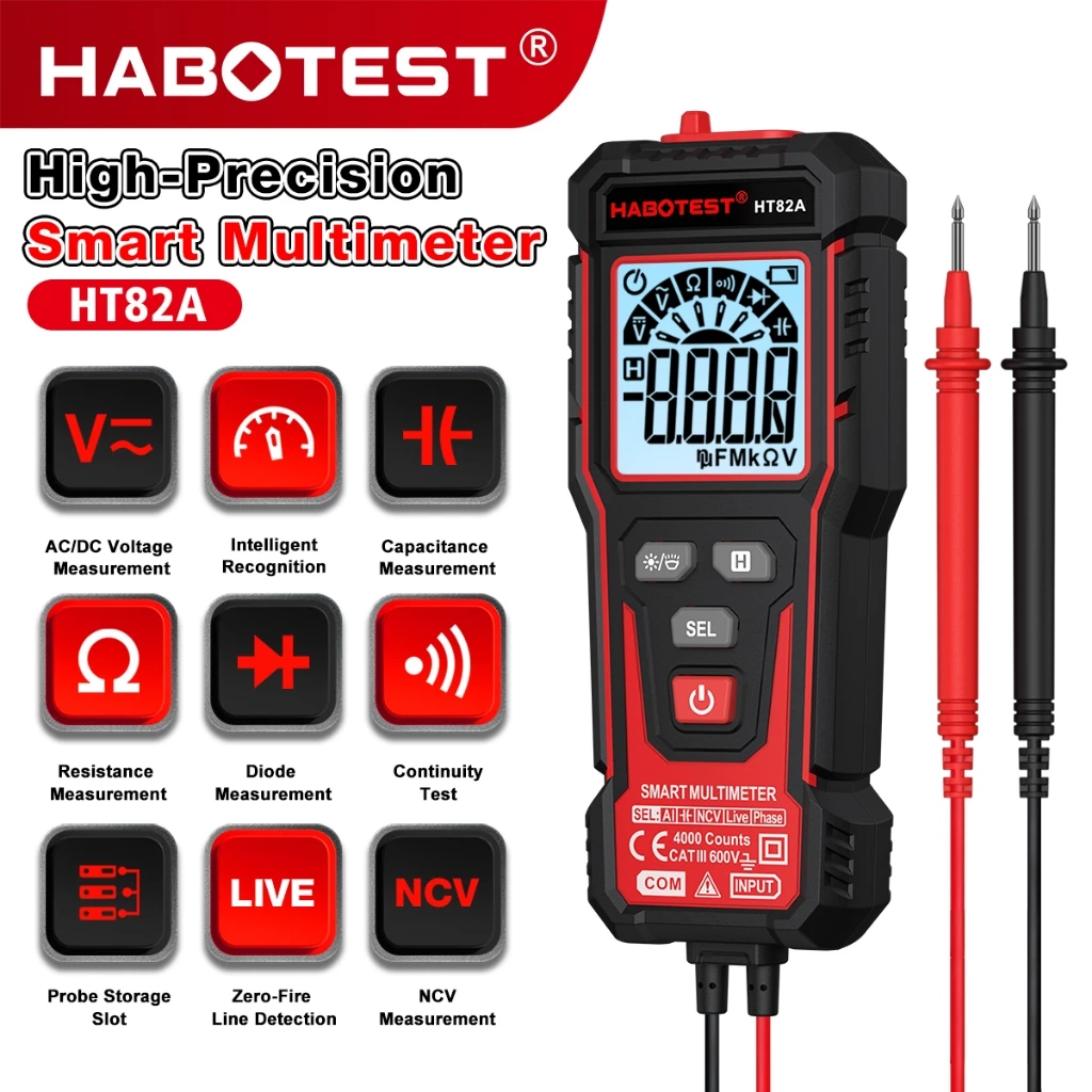 HABOTEST HT82A ( HT93 อัพเกรด ) มัลติมิเตอร์แบบดิจิตอลอัจฉริยะ 600V การตรวจจับแรงดันไฟฟ้า AC/DC 4000 นับใหม่เพิ่มฟังก์ชั่นความจุ/Diode พร้อมหน้าจอขนาดใหญ่ความละเอียดสูง