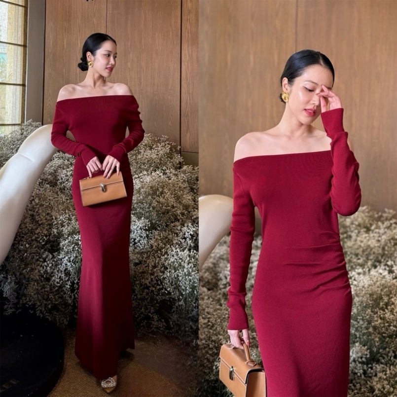 Thesummernade OLWEN DRESS เดรสยาว เดรสปาดไหล่เเขนยาว เดรสออกงาน