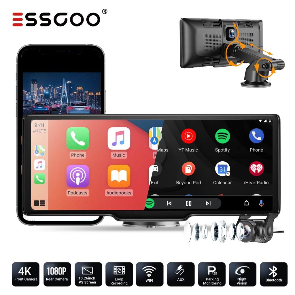 ESSGOO 10 นิ้ว CarPlay Dash Cam / Wireless CarPlay & Android Auto / กล้องคู่ / อินเทอร์เฟซ GPS / Rec