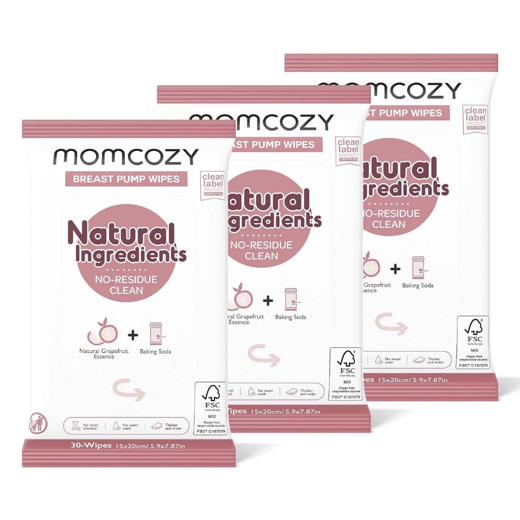 Momcozy Natural Breast Pump Wipes สําหรับชิ้นส่วนปั๊มทําความสะอาด On-the-go, 30 Count (แพ็ค 3 ชิ้น), Flash Clean & Resealable Pump Wipes