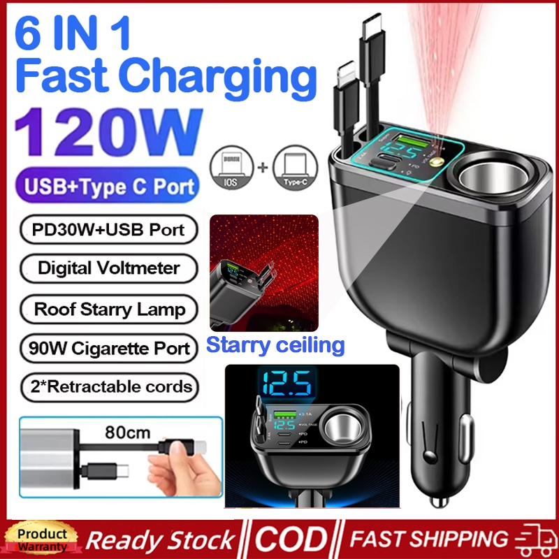 M15 120W 5 IN 1 Retractable Car Charger พร้อม Starry Night Light สาย USB C Fast Charge สายไฟบุหรี่ไฟแช็กอะแดปเตอร์ PD QC3.0 สําหรับ IOS Android