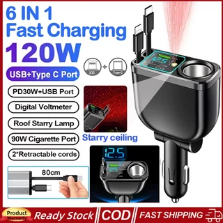 M15 120W 5 IN 1 Retractable Car Charger พร้อม Starry Night Light สาย USB C Fast Charge สายไฟบุหรี่ไฟแช็กอะแดปเตอร์ PD QC3.0 สําหรับ IOS Android