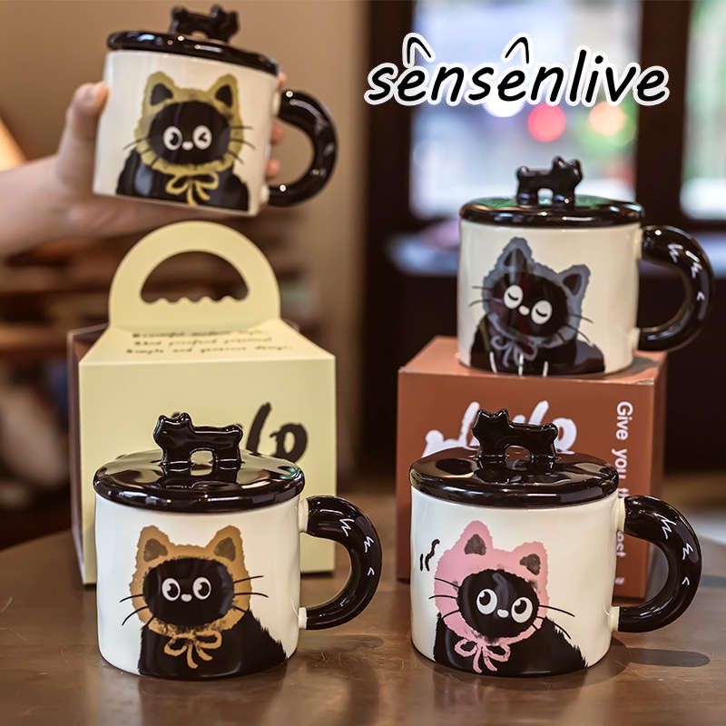 SENSENLIVE แก้วมัคกี้ลายแมว 🐱✨ 380ml เซรามิก กล่องของขวัญ พร้อมส่ง