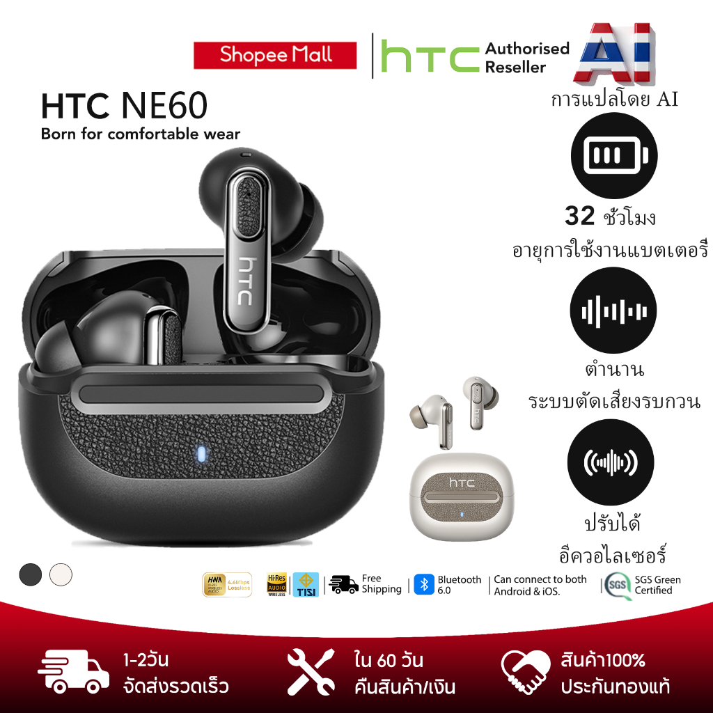 หูฟังบลูทูธไร้สาย HTC NE60 สินค้าแท้หูฟังไร้สาย AI แปลเรียลไทม์ รองรับ 135 ภาษา หูฟัง TWS บลูทูธ 6.0 Hi-Fi เสียงดี IPX5 กันน้ำ สไตล์ธุรกิจหนังสีเมตต์