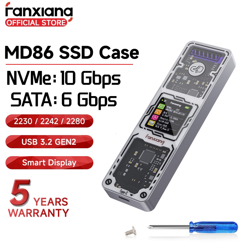 Fanxiang MD86 M.2 SATA NVMe SSD ตู้พร้อมตัวรับสัญญาณอะแดปเตอร์ USB แสดงผลอัจฉริยะ