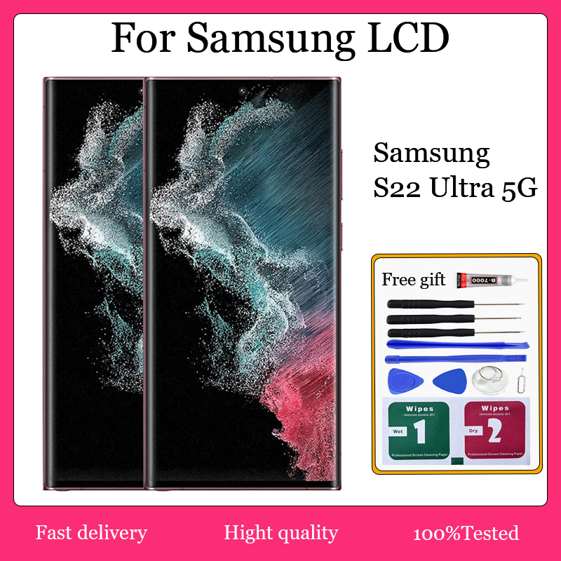 Original AMOLED สําหรับ Samsung Galaxy S22 Ultra 5G จอแสดงผล LCD หน้าจอสัมผัสพร้อมการเปลี่ยนกรอบ