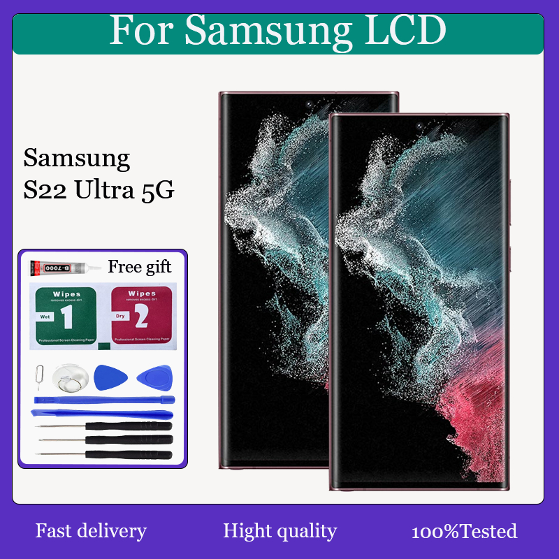 Original AMOLED สําหรับ Samsung Galaxy S22 Ultra 5G จอแสดงผล LCD หน้าจอสัมผัสพร้อมการเปลี่ยนกรอบ