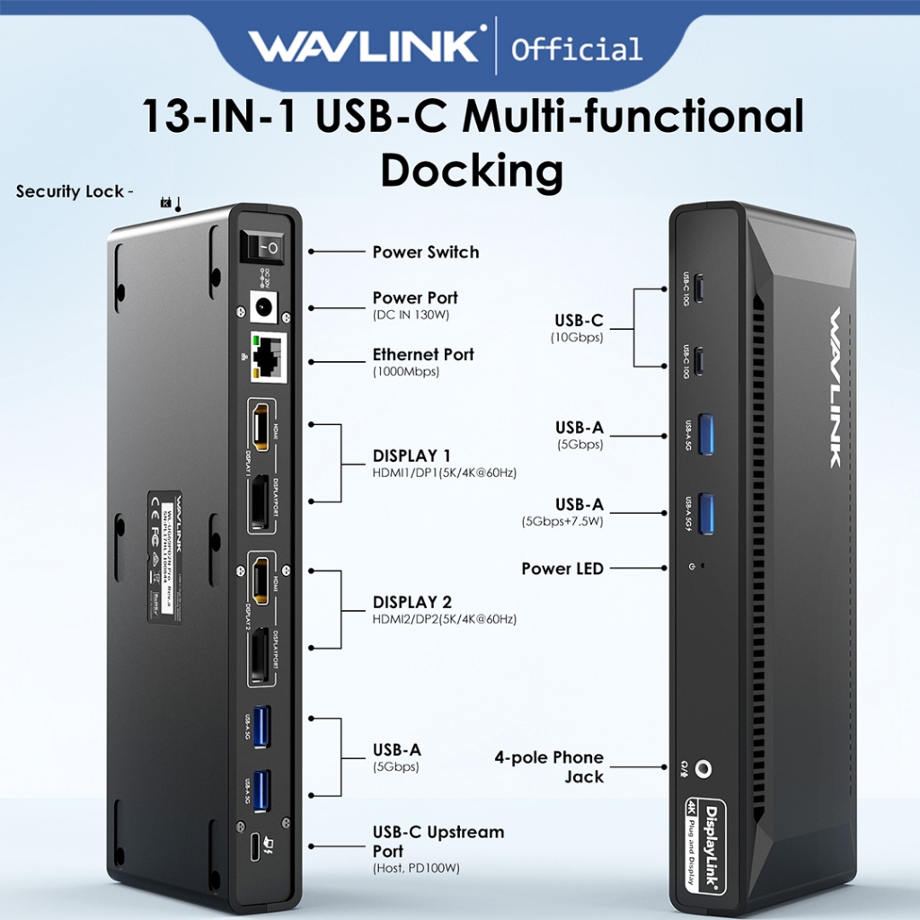 Wavlink Universal Docking Station Displaylink Dual 4K 5K Dispaly 130W Power 1000Mbps สําหรับโทรศัพท์