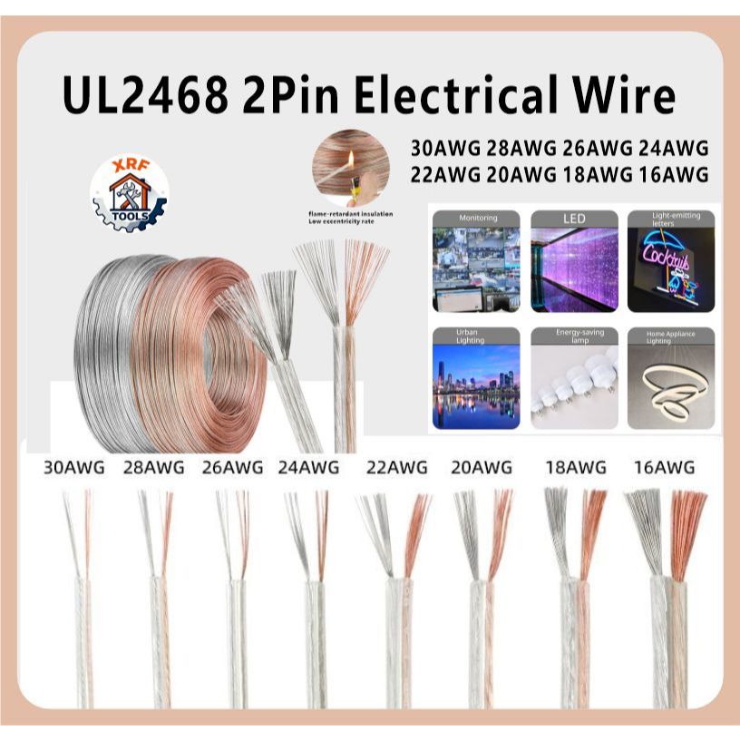 UL2468 2Pin สายไฟ 2Core ทองแดงดีบุกฉนวน PVC EXTENSION LED Strip สายไฟขยายสายสัญญาณเสียงรถยนต์ 30AWG 