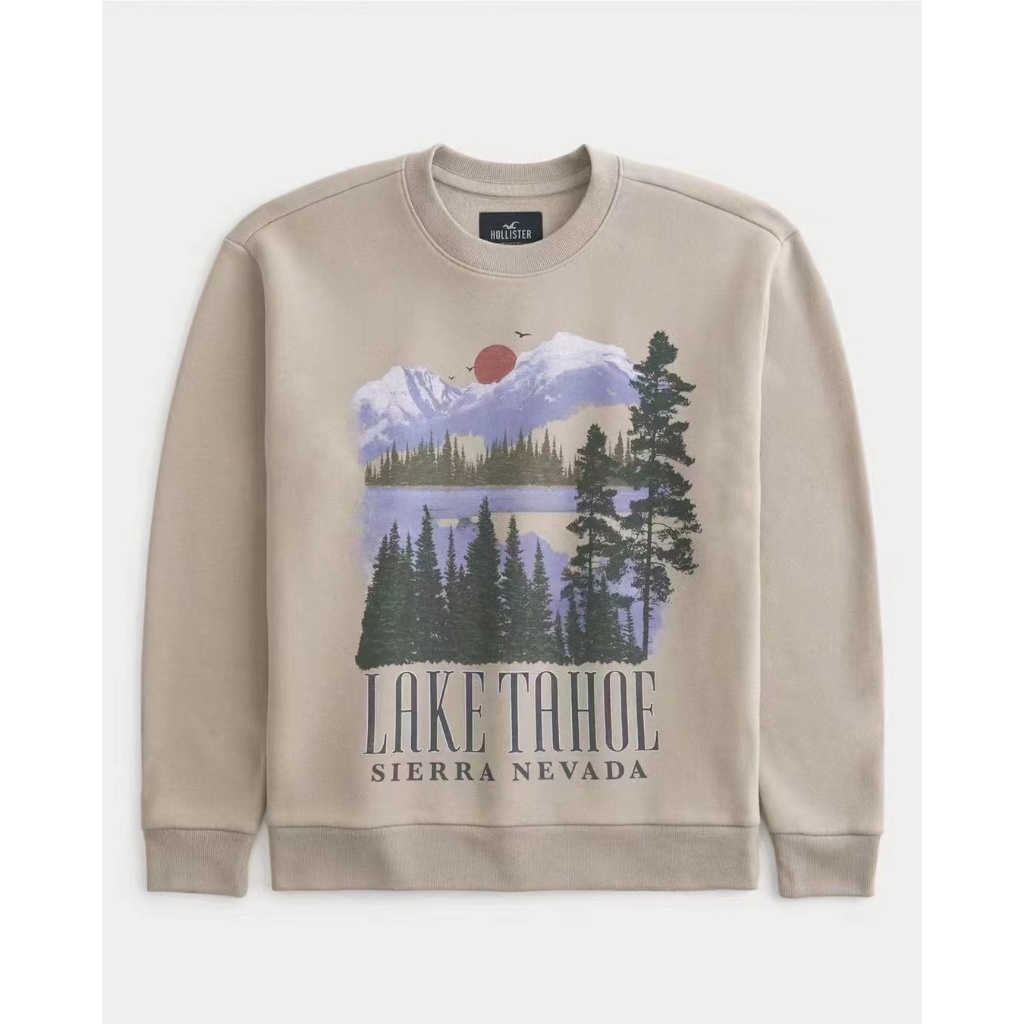 Hollister ฤดูใบไม้ร่วงฤดูหนาวผู้ชายรอบคอเสื้อสวมหัว Belly Sweatshirt heck ขนาดเล็ก Seagull พิมพ์รูปแ