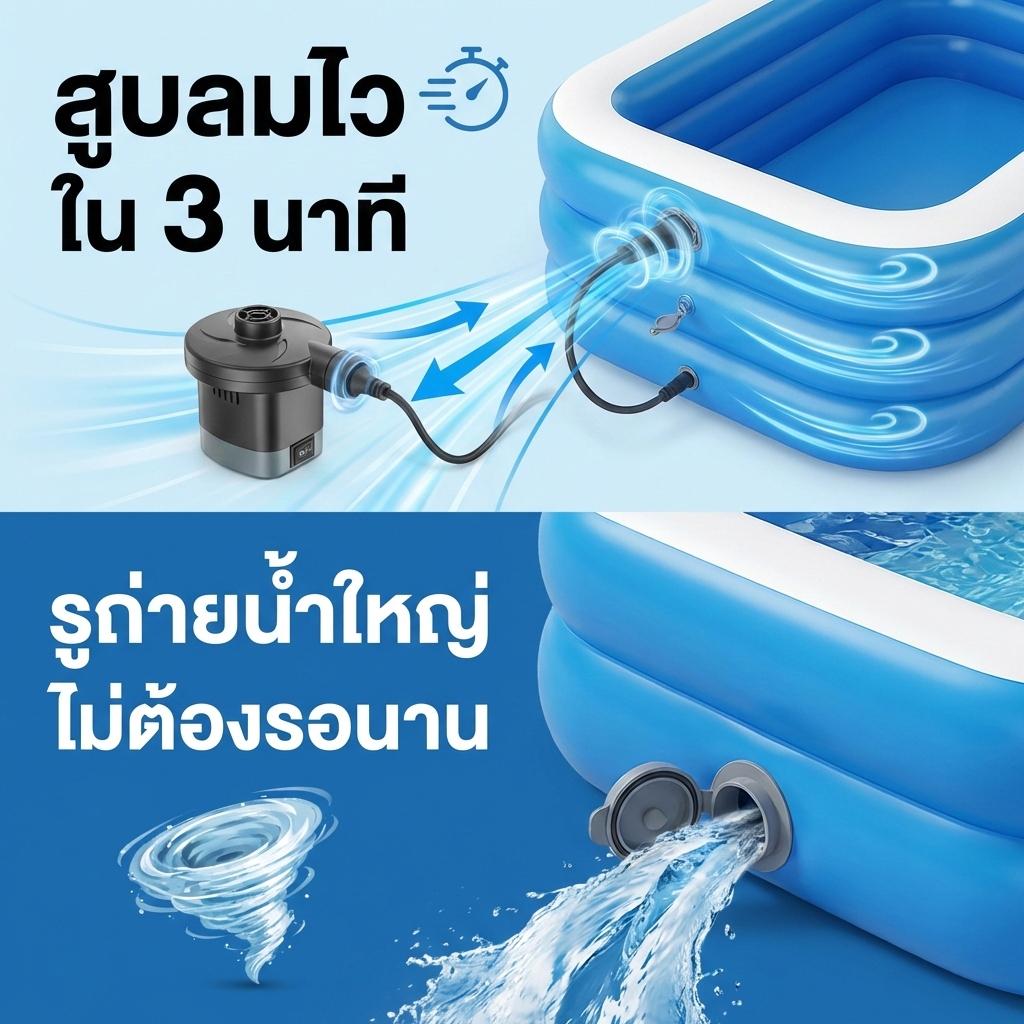 Beige สระน้ำเป่าลม สระน้ำ PVC 3 ชั้น สระว่ายน้ำเด็ก 3m ยาวพิเศษ เล่นได้ทั้งครอบครัว Swimming Pool - รูปที่ 5