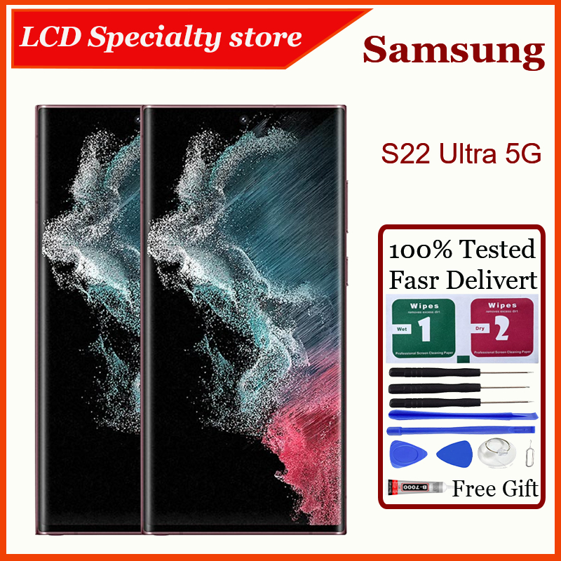 Original AMOLED สําหรับ Samsung Galaxy S22 Ultra 5G จอแสดงผล LCD หน้าจอสัมผัสพร้อมการเปลี่ยนกรอบ