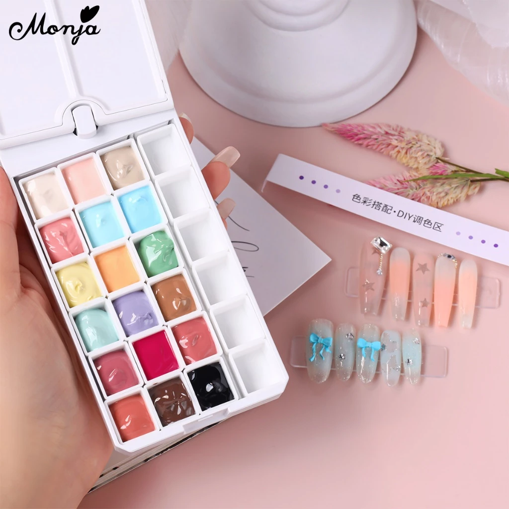 Monja Nail Art UV Gel Polish 18สี Palette กล่อง Pat Ombre สีไล่ระดับสีภาพวาดวาด เล็บออกแบบเครื่องมือ