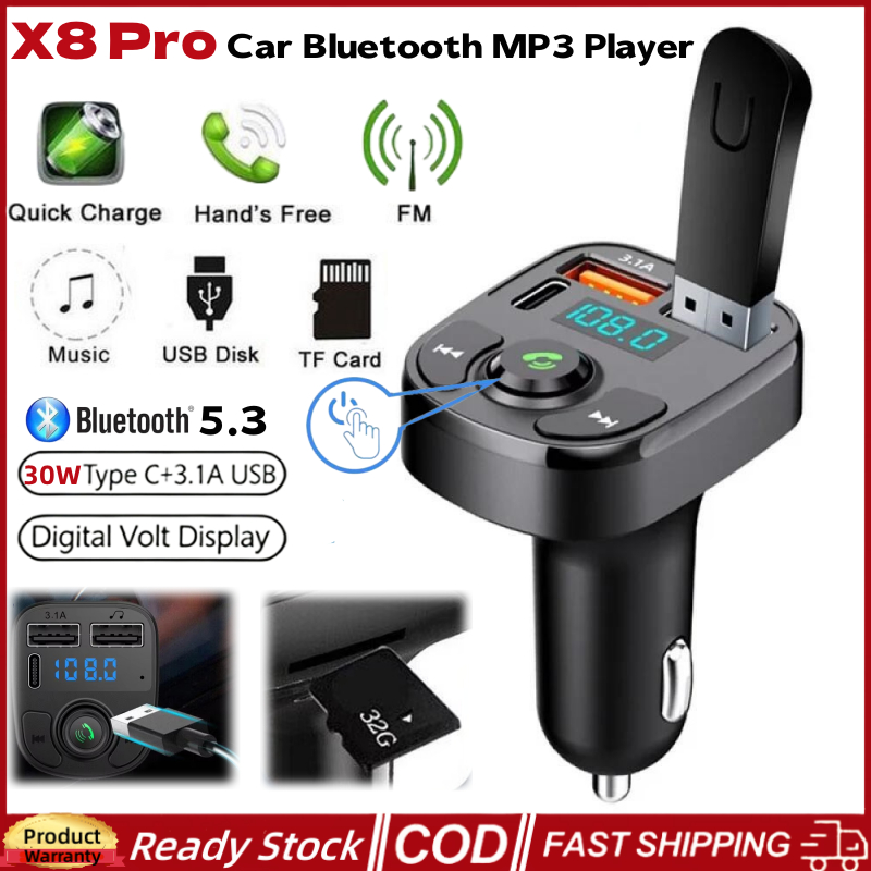 X8 Pro รถบลูทูธ 5.3 เครื่องส่งสัญญาณ FM Type-C Dual USB Car Fast Charger เครื่องเล่น Mp3 แฮนด์ฟรีโทรชาร์จโทรศัพท์พร้อมจอแสดงผลแรงดันไฟฟ้า
