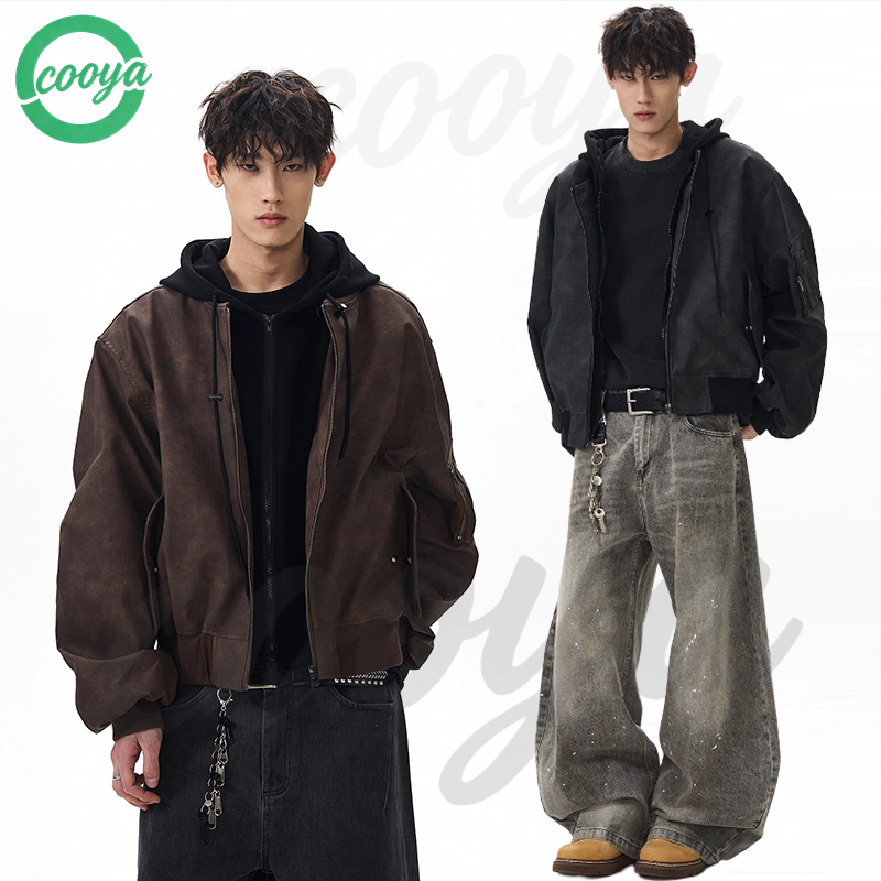 COOYA 【ใหม่ล่าสุด】แจ็กเก็ต jacket แจ็คเก็บหนังเบสบอลมีฮู้ด ดีไซน์ 2 ตัวปลอม สบายๆ สไตล์ย้อนยุค american - ผู้ชาย ผู้หญิง ใส่คู่กันได้‼️ ส่งฟรี