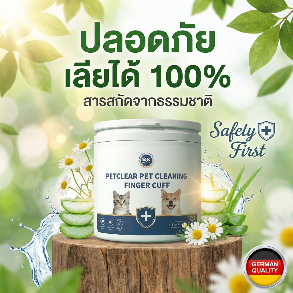 PetClear ผ้าเปียกสวมนิ้ว 3in1 เช็ดฟัน/หู/ตา สำหรับสัตว์เลี้ยง ใช้ง่าย ลดคราบพลัค สะอาดลึก (50 แผ่น)