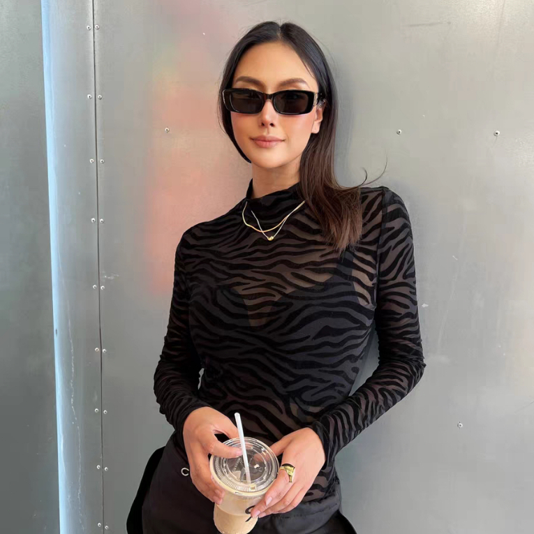 แฟชั่นสีดําเซ็กซี่ไม่สม่ําเสมอลายบอดี้สูทมุมมองของผู้หญิงแขนยาวบางบอดี้สูทสบายๆ