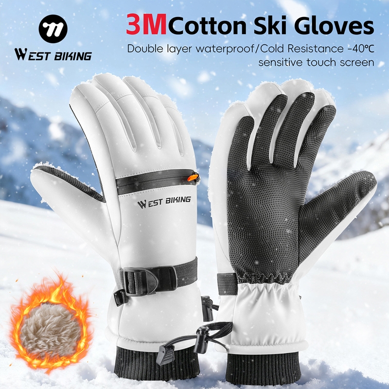WEST BIKING ถุงมือผ้าฝ้ายสกีสองชั้น ป้องกันน้ำและทนทานต่อสภาพอากาศหนาว ออกแบบมาเพื่อการขี่จักรยานและทำกิจกรรมกลางแจ้งในฤดูหนาว