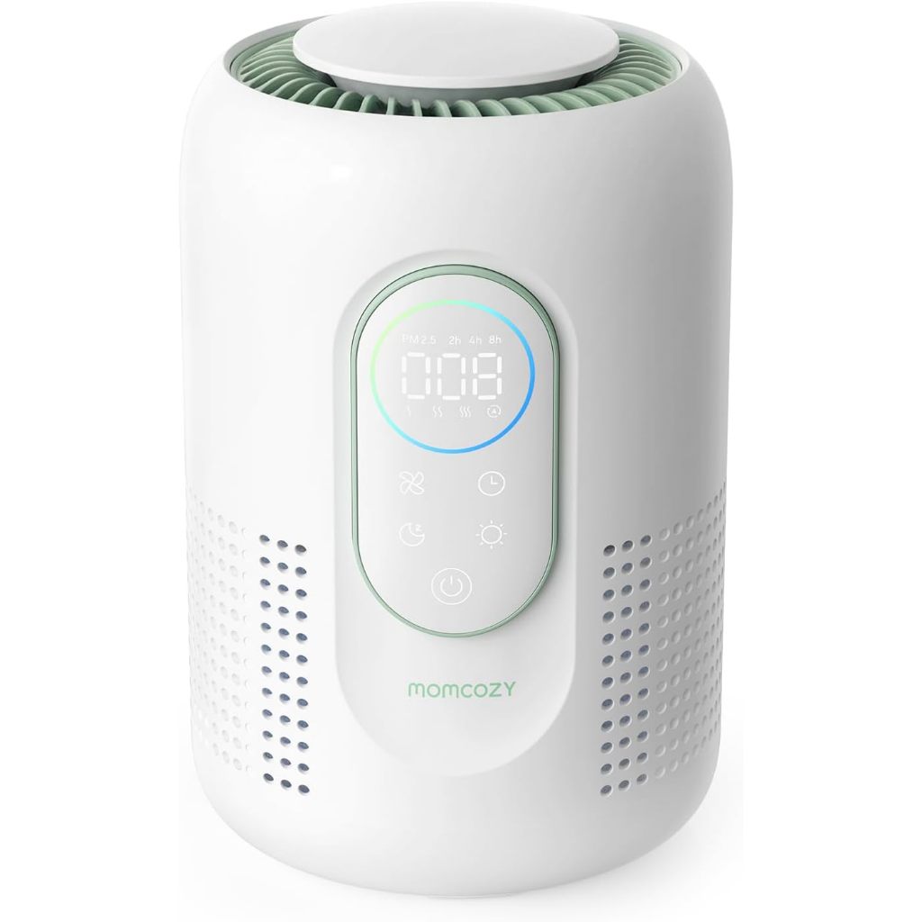 เครื่องฟอกอากาศสําหรับสถานรับเลี้ยงเด็ก Momcozy,ระบบ 4 ตัวกรองพร้อม H13 HEPA&Carbon, Real-Time PM2.5 Air Monitor & Display with 3 สี Status,เครื่องฟอกอากาศพร้อมโหมดการนอนหลับ 21 dB,ไฟกลางคืนแบบถอดเปลี่ยนได้