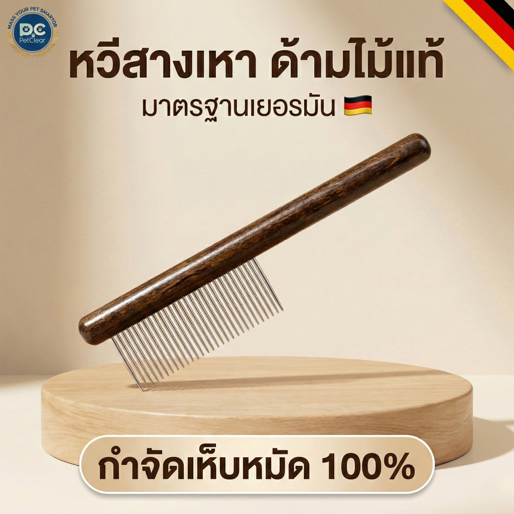 PetClear หวีสางเหา หวีหมัด ด้ามไม้แท้ สแตนเลส สางขนตาย กำจัดไข่หมัด เห็บ เกรดเยอรมัน สำหรับสุนัขและแมว