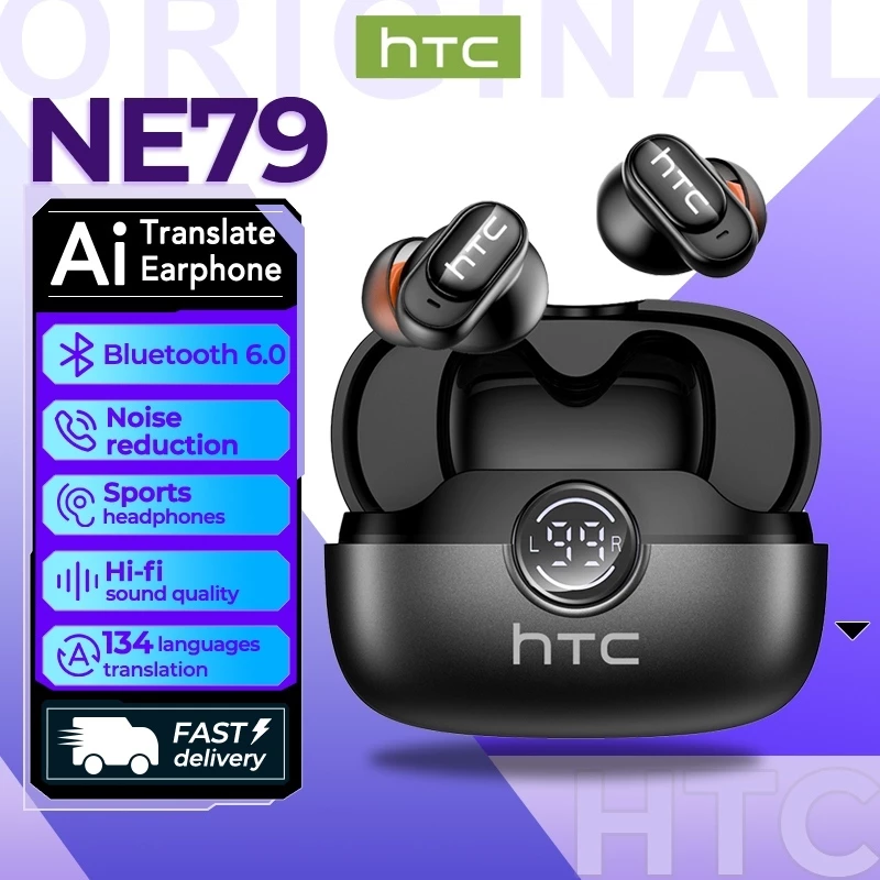 HTC NE79 หูฟังแปลภาษาด้วย AI Bluetooth 6.0 รองรับการแปล 134 ภาษา หูฟังไร้สายการแปล AI แบบเรียลไทม์ 72H อายุการใช้งานแบตเตอรี่ไมโครโฟน ENC IPX5 กันน้ําน้ําหนักเบา