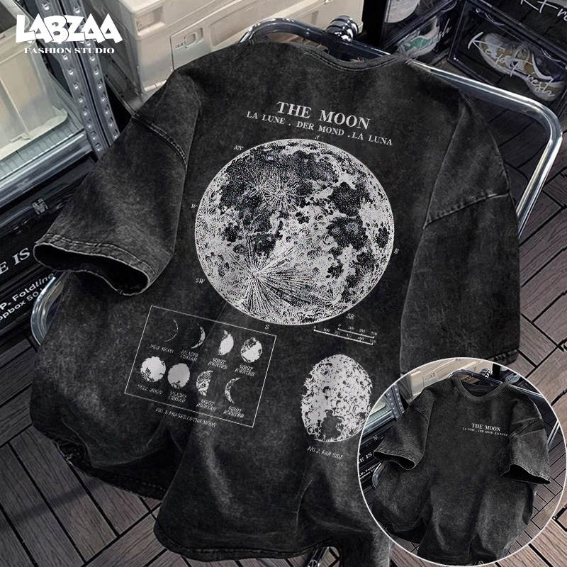 (จัดส่งจากกรุงเทพฯ) เสื้อยืดผู้ชาย สตรีท ลายพระจันทร์ วินเทจล้างน้ำ ทรง Oversize ไม่ยับ ไม่เสียทรง YG963