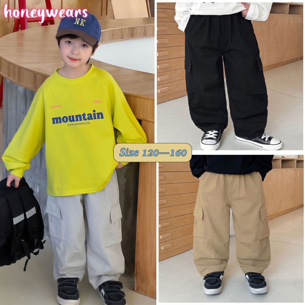 honeywears⚡พร้อมส่ง⚡กางเกงขายาวเด็ก กางเกงคาร์โก้แฟชั่น สไตล์เกาหลีสีพื้น สวมใส่สบายและระบายอากาศได้ดี เหมาะสำหรับเด็กผู้ชาย ใส่ได้ทุกโอกาส ไซส์ 120-160