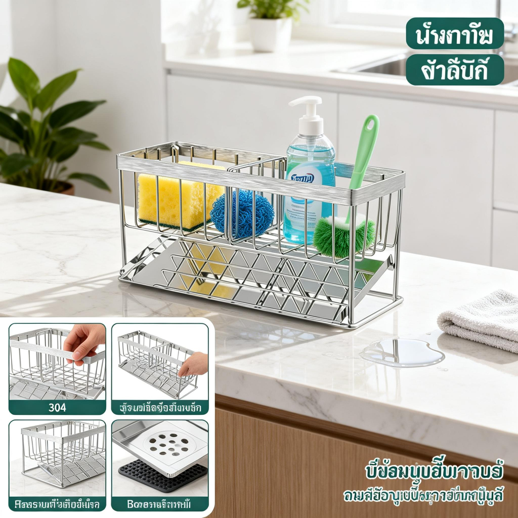3/2/1PCS ชั้นวางท่อระบายน้ำ อ่างล้างจานฟองน้ำ ที่วางฟองน้ํา พร้อมถาดระบายน้ํา ถอดออกได้ สเตนเลส สําหรับอ่างล้างจาน สบู่ แคดดี้ อ่างล้างจาน ห้องครัว