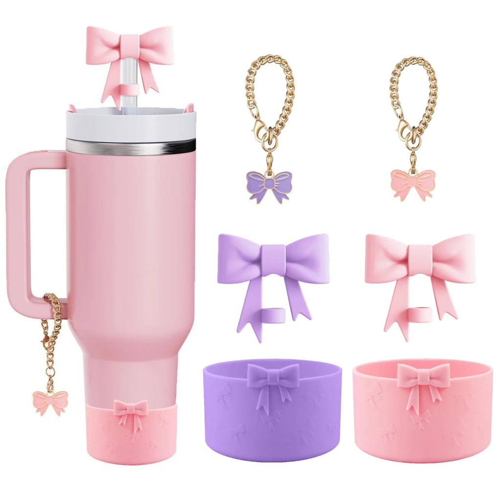 ฝาครอบฟาง & ขวดน้ําซิลิโคน Boot & ขวดน้ําจี้ชุด, Bowknot Shape Straws ฝาปิดและจี้, Tumbler Boot สําหรับ Stanley Owala Tumbler