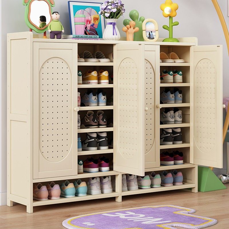 ตู้รองเท้าสไตล์ครีมไม้ไผ่2/3/4ประตูความจุขนาดใหญ่ตู้รองเท้าออแกไนเซอร์ที่เรียบง่ายหลายชั้น