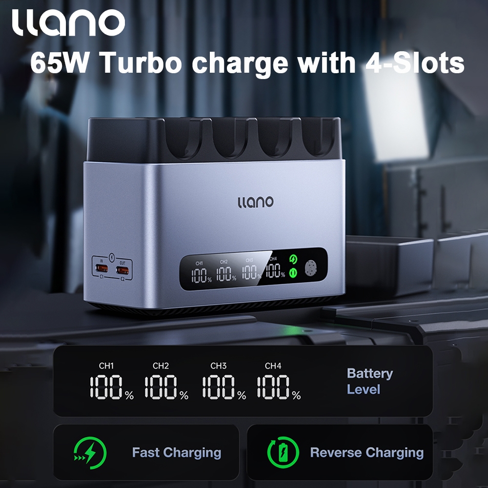 LLANO CM4 แบตเตอรี่กล้อง Fast Charging กล่อง 65W Turbo charger 4-Slot สําหรับ NP-FZ100/ NP-W235/ LP-E6NH/ EN-EL15C/ DMW-BLK22