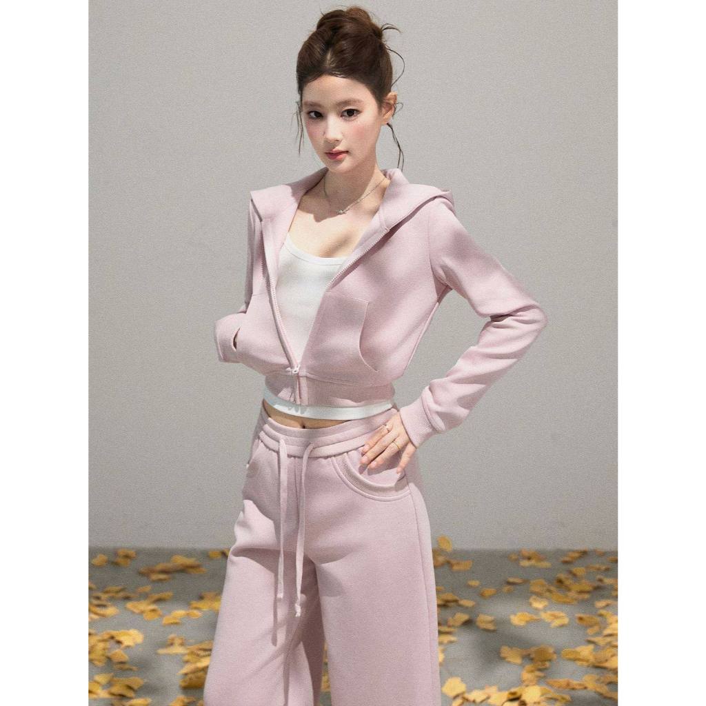 KOKONOMI ใส่สูทผู้หญิงฤดูใบไม้ร่วงสั้นคลุมด้วยผ้าเสื้อกันหนาวเอวต่ําตรง-ขาเสื้อกันหนาวกางเกง