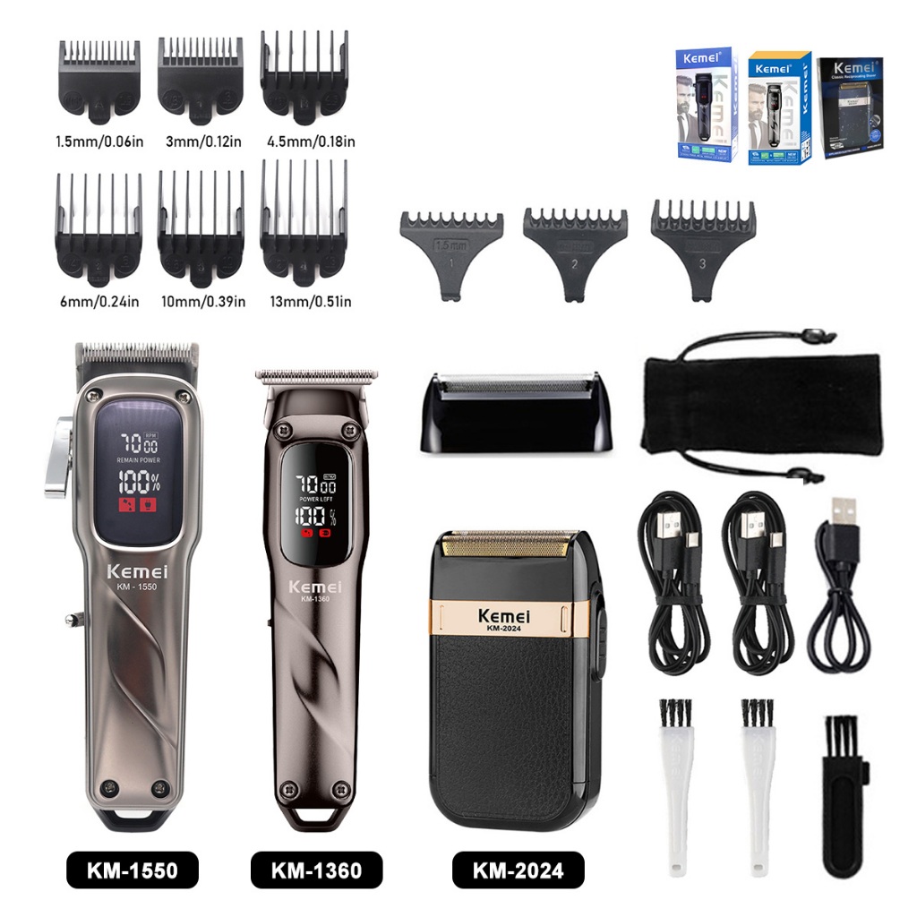 KEMEI KM-1550 1360 Professional Hair Clipper ชุดสําหรับชายจอแสดงผล LED ไร้สายตัดผมเครื่องตัดผม