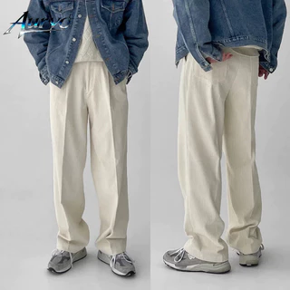 AURVO กางเกงลำลองผ้าลูกฟูกสีพื้นสไตล์ญี่ปุ่นสำหรับผู้ชาย ดีไซน์ขากระบอกตรงหลวม สไตล์เรโทร M-3XL