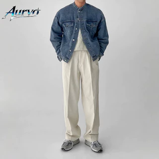 AURVO กางเกงลำลองผ้าลูกฟูกสีพื้นสไตล์ญี่ปุ่นสำหรับผู้ชาย ดีไซน์ขากระบอกตรงหลวม สไตล์เรโทร M-3XL
