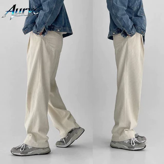 AURVO กางเกงลำลองผ้าลูกฟูกสีพื้นสไตล์ญี่ปุ่นสำหรับผู้ชาย ดีไซน์ขากระบอกตรงหลวม สไตล์เรโทร M-3XL